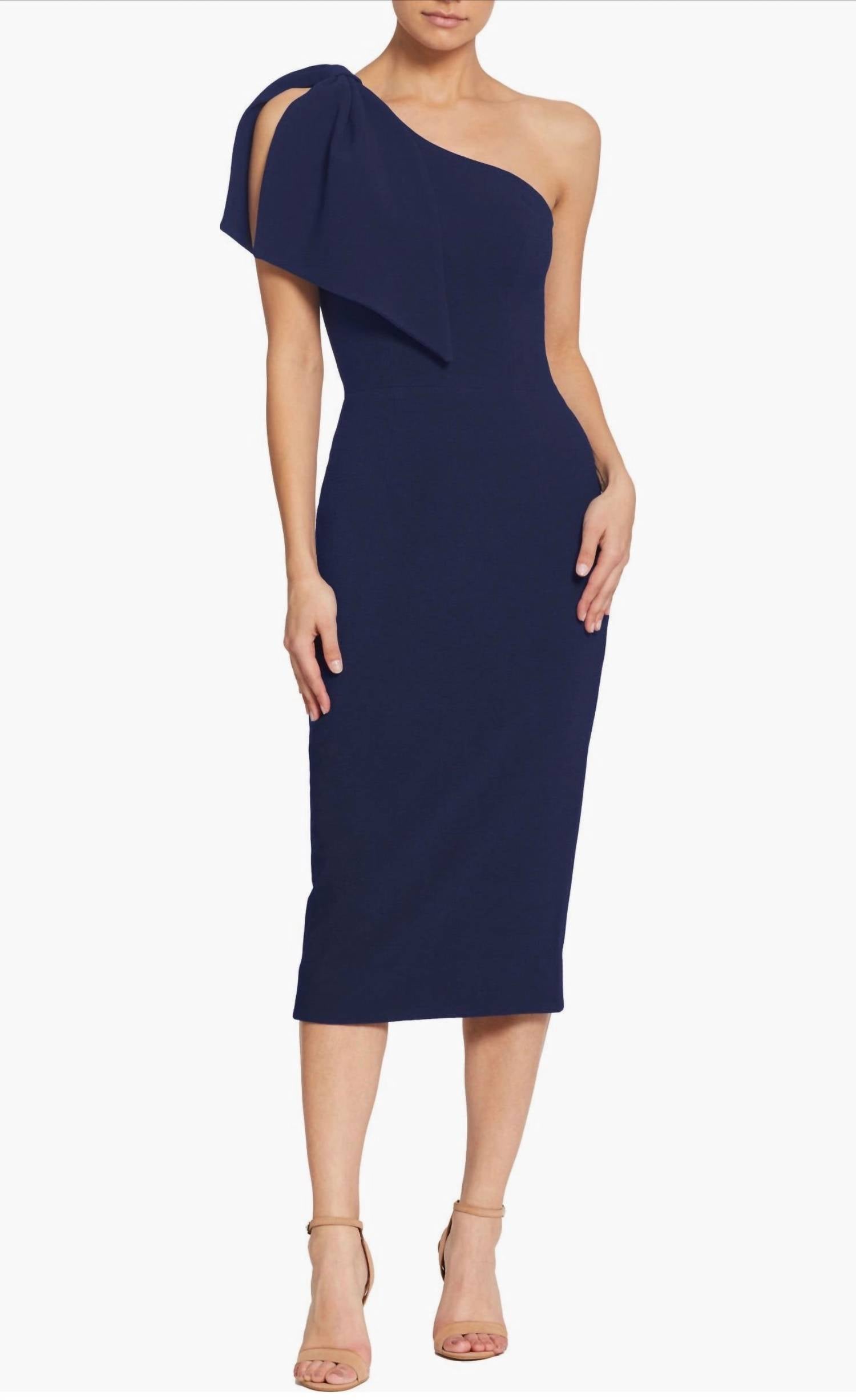 DRESS THE POPULATION Tiffany One-shoulder Midi Dress in midnight - women's dress