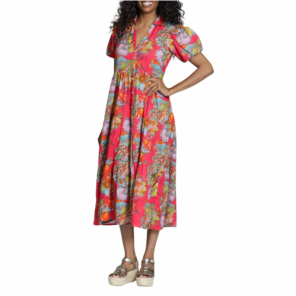 Apny - Tiered Puff Sleeve Shirt Dress