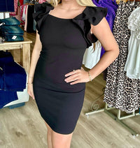 She + Sky - Ruffled Sleeve Heavy Knit Square Neck Mini Dress