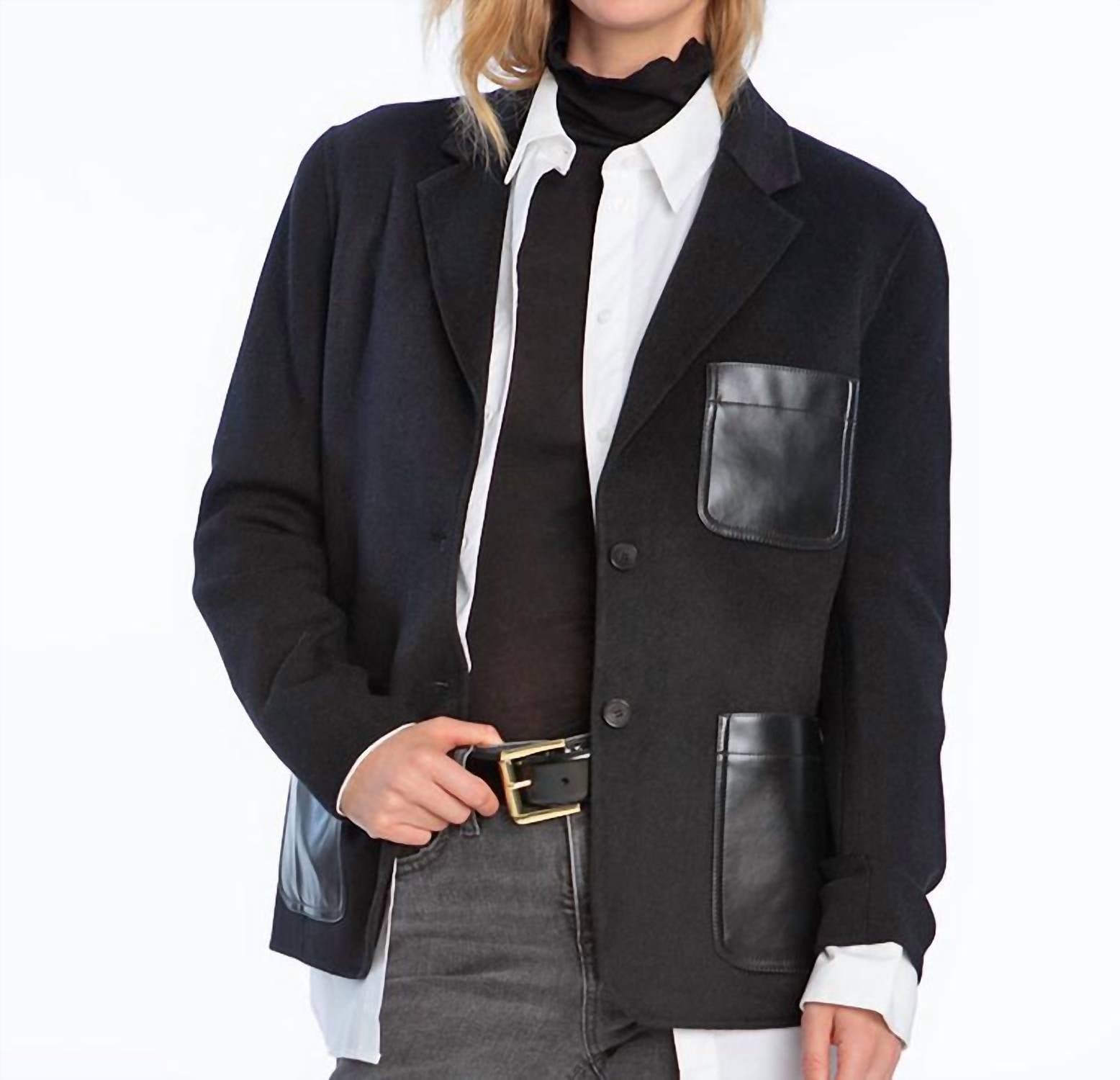 Elliott Lauren Women's Knit Sleeves Vegan Leather Blazer in black - women's jacket