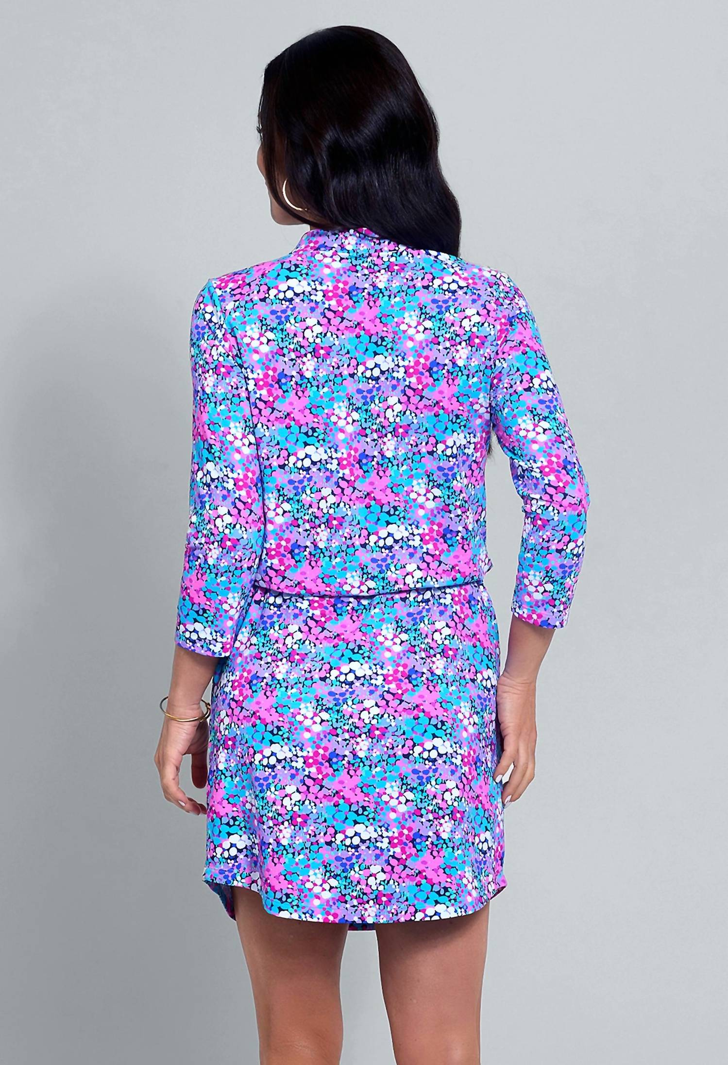 Ibkul - Allana Print 3/4 Sleeve Drawstring Dress