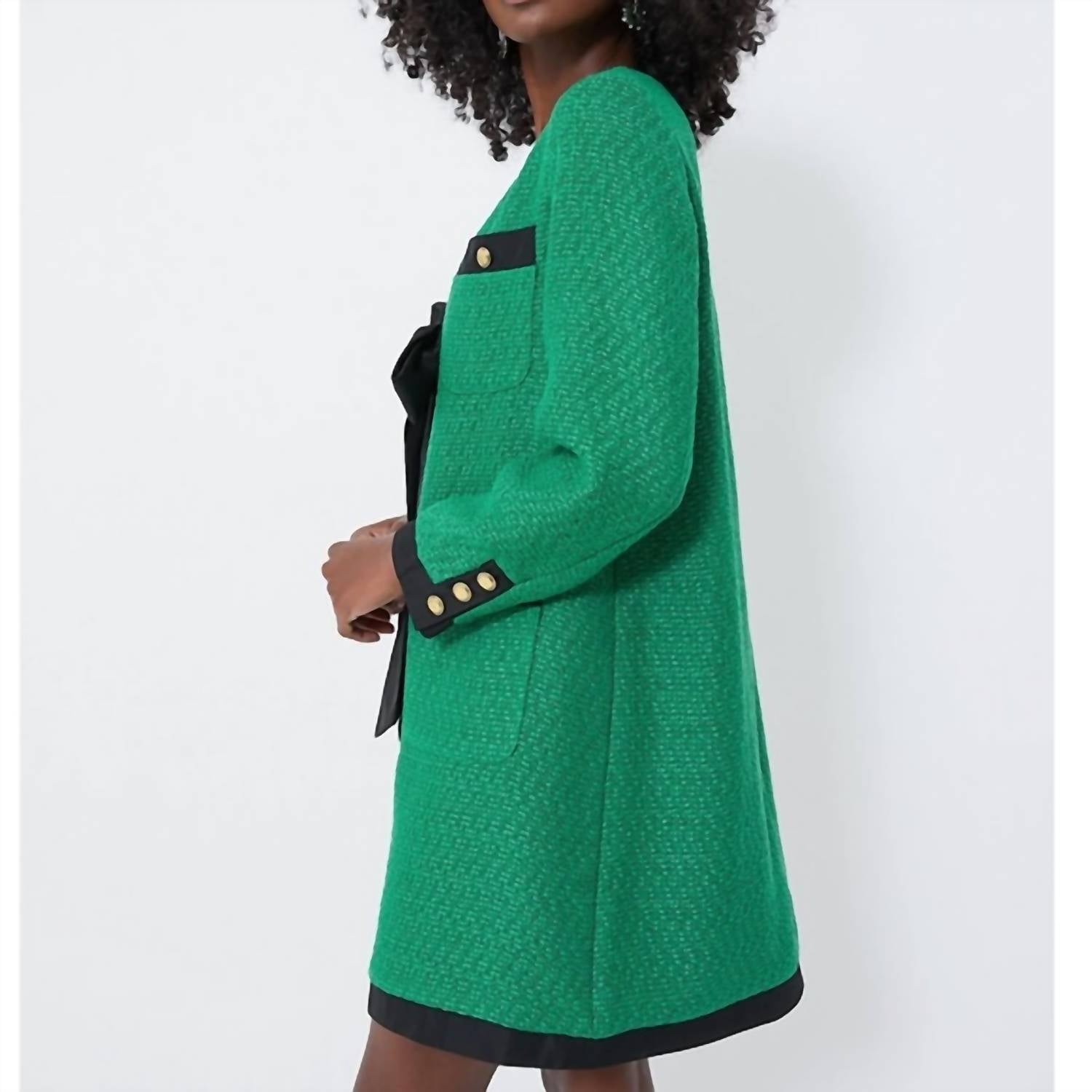 Pomander Place Coco Tweed Bow V-neck Long Sleeve Mini Dress in green - women's dress - detail view