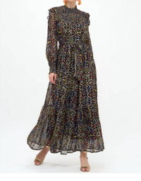 Oliphant Mini Dot Smocked Neck Maxi Dress in indigo gold - women's dress