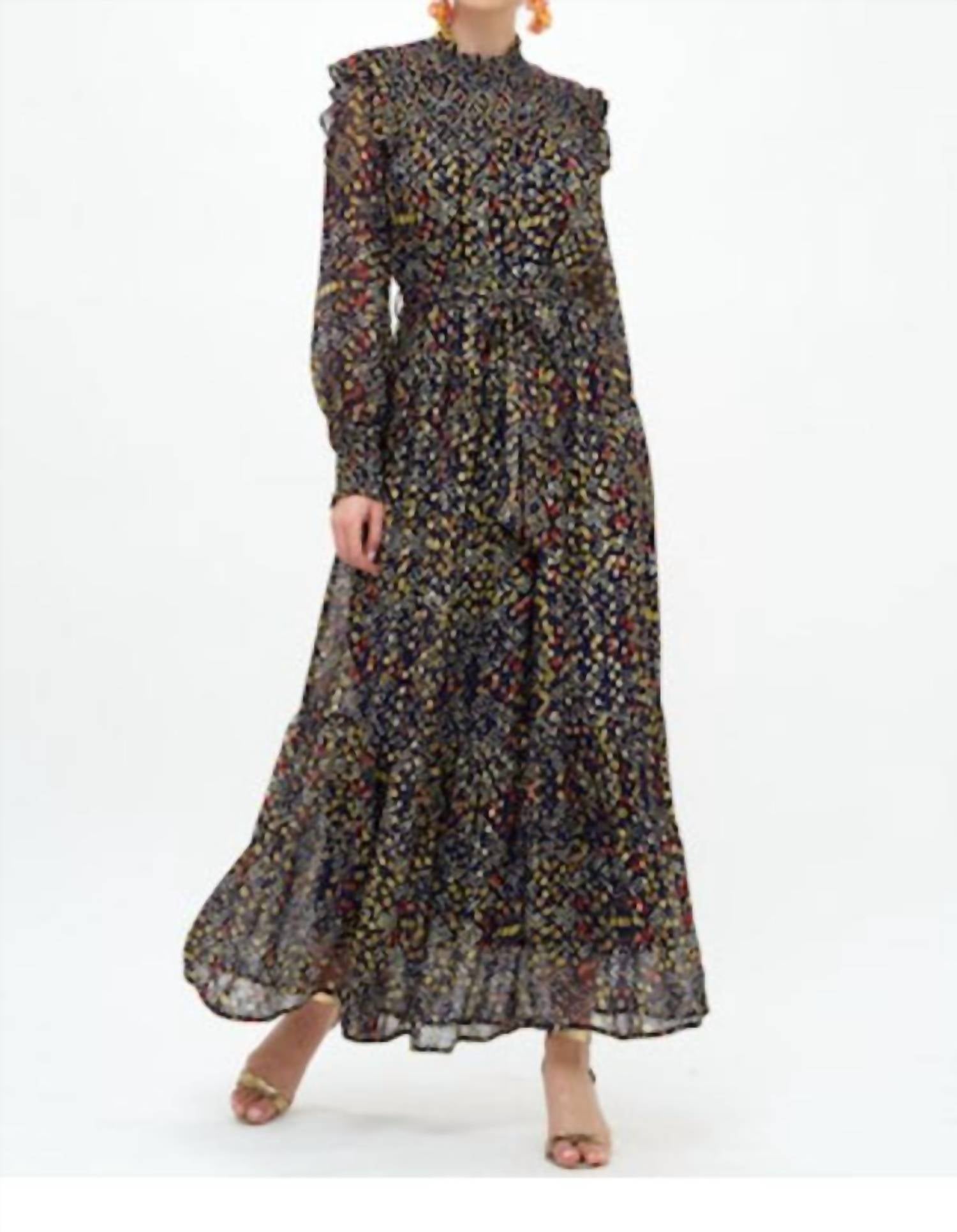 Oliphant Mini Dot Smocked Neck Maxi Dress in indigo gold - women's dress