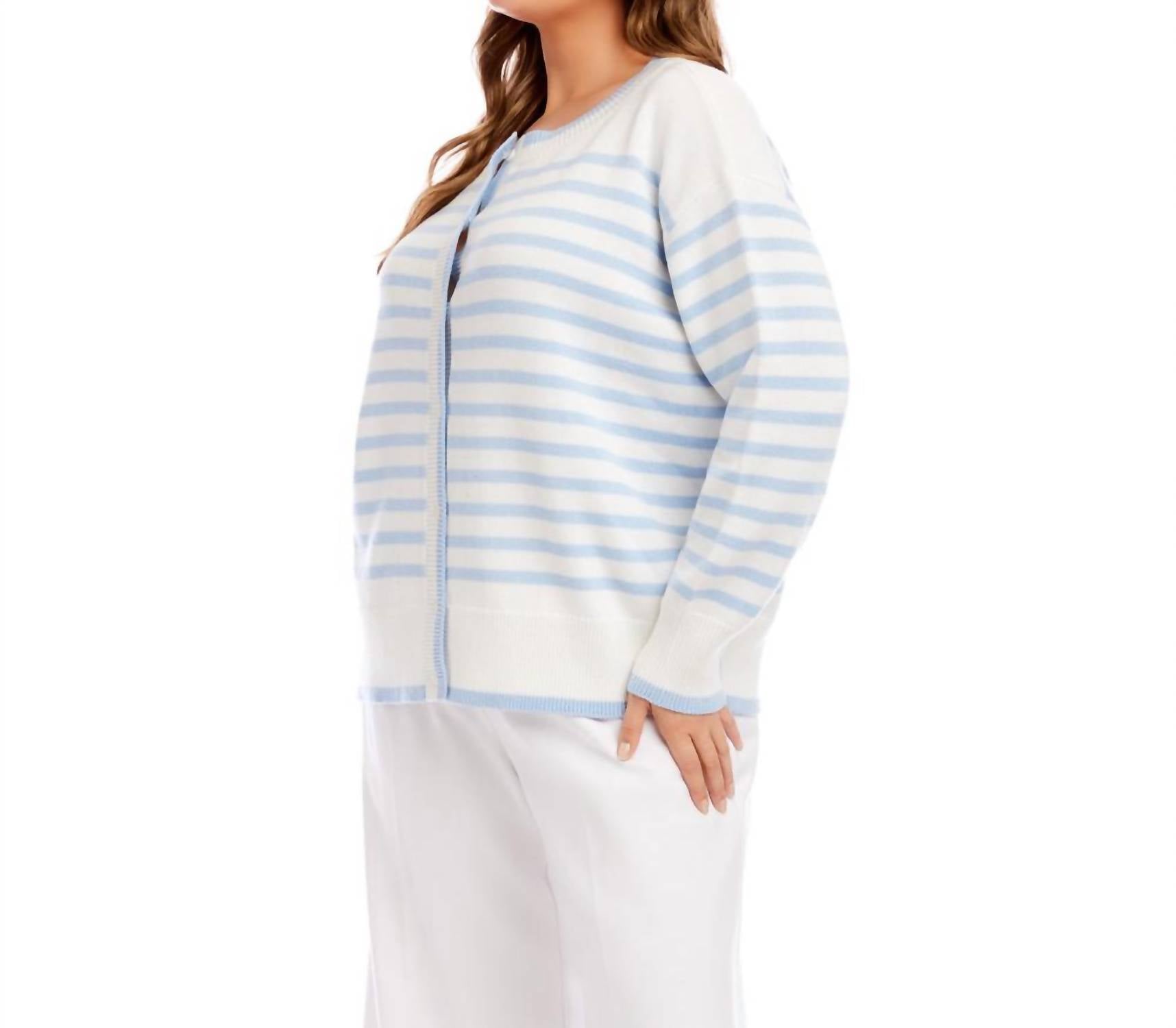 Karen Kane Stripe Cardigan Sweater - Plus in blue with off white - women's cardigan - detail view