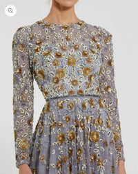 Mac Duggal - Women's Platinum Embellished High Neck Long Sleeve Dress