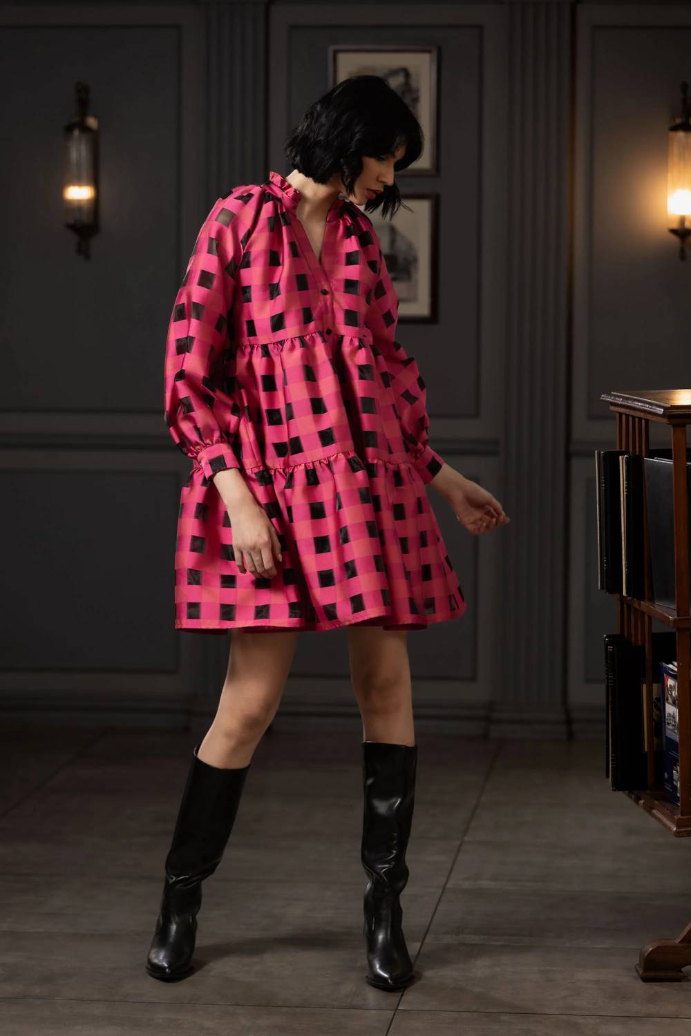 EMILY LOVELOCK Lucy Jacquard Dress in crimson - women's dress - detail view