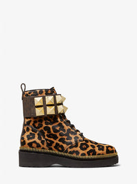 MICHAEL KORS Women's Haskell Studded Leopard Calf Hair Combat Boots in butterscotch - women's shoe - detail view
