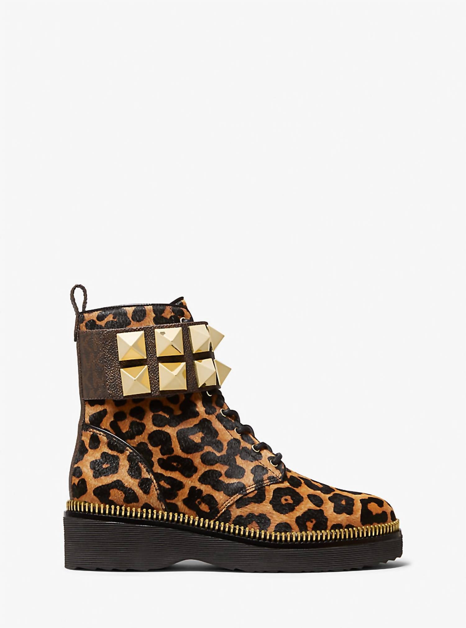 MICHAEL KORS Women's Haskell Studded Leopard Calf Hair Combat Boots in butterscotch - women's shoe - detail view