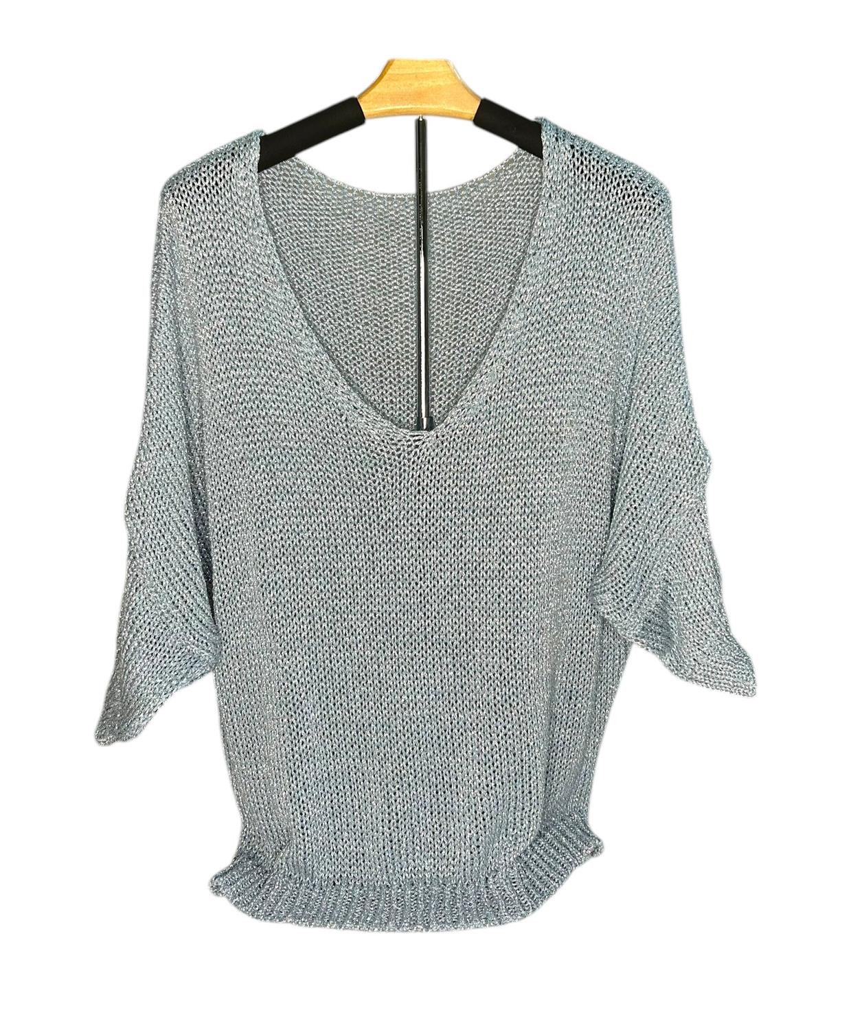 Made In Italy - Loose Knit Metallic V-Neck Top