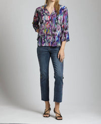 Apny - Brush Stroke ¾ Sleeve Mandarin Collar Button Up Blouse