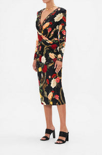 Camilla V-neck Midi Cross Front Dress in magic in the manuscripts 1 - women's dress - detail view