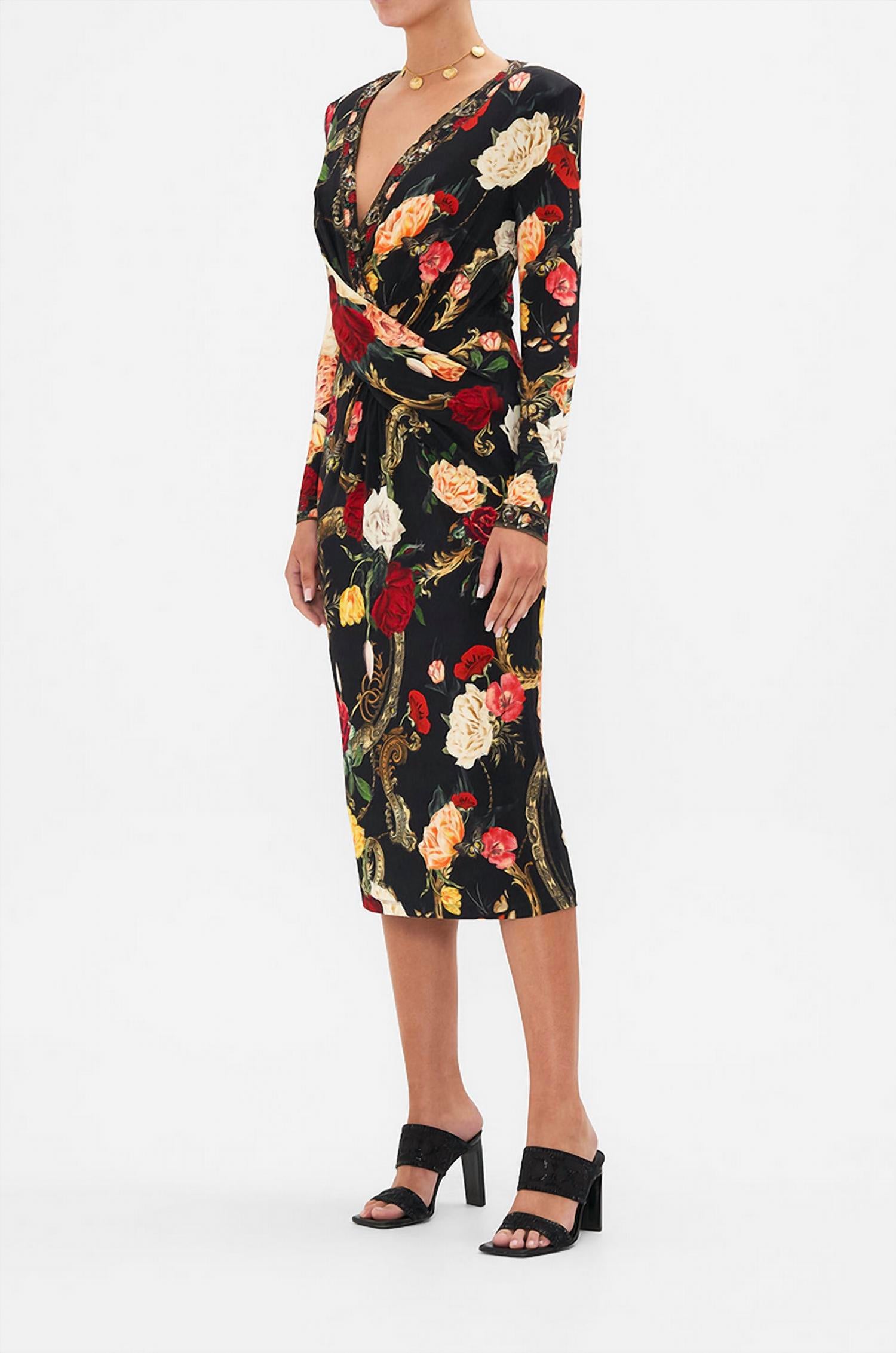 Camilla V-neck Midi Cross Front Dress in magic in the manuscripts 1 - women's dress - detail view
