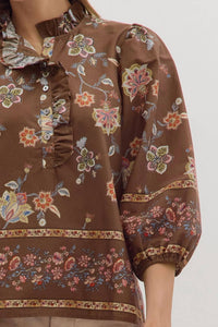 entro Ruffle Neck Shirt in brown pink floral - women's blouse - view 5