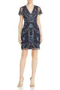 Aidan Mattox - V-neck Short Sleeve Back Mesh Dress