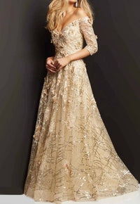 JOVANI 3/4 sleeve lace ball gown in champagne - women's dress