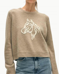 White + Warren Cashmere Blend Horse Embroidered Crewneck Sweater in misty brown ivory - women's sweater - alternate view