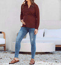 Angel Maternity Jolie Maternity Knit Polo in brown - women's long sleeve top - detail view