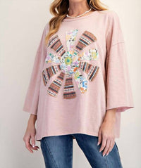 Easel - Patchwork Mineral Washed Cotton Slub Knit Top