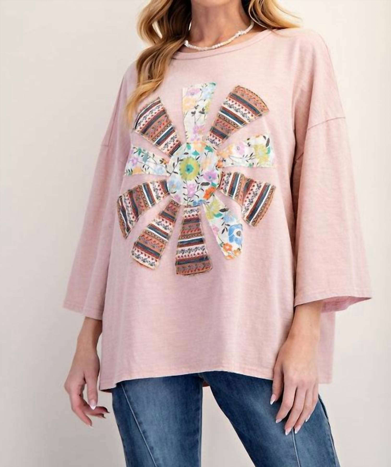 Easel - Patchwork Mineral Washed Cotton Slub Knit Top