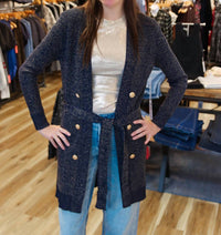 SIX/FIFTY Lurex Tie-front Cardigan Sweater in navy - women's cardigan