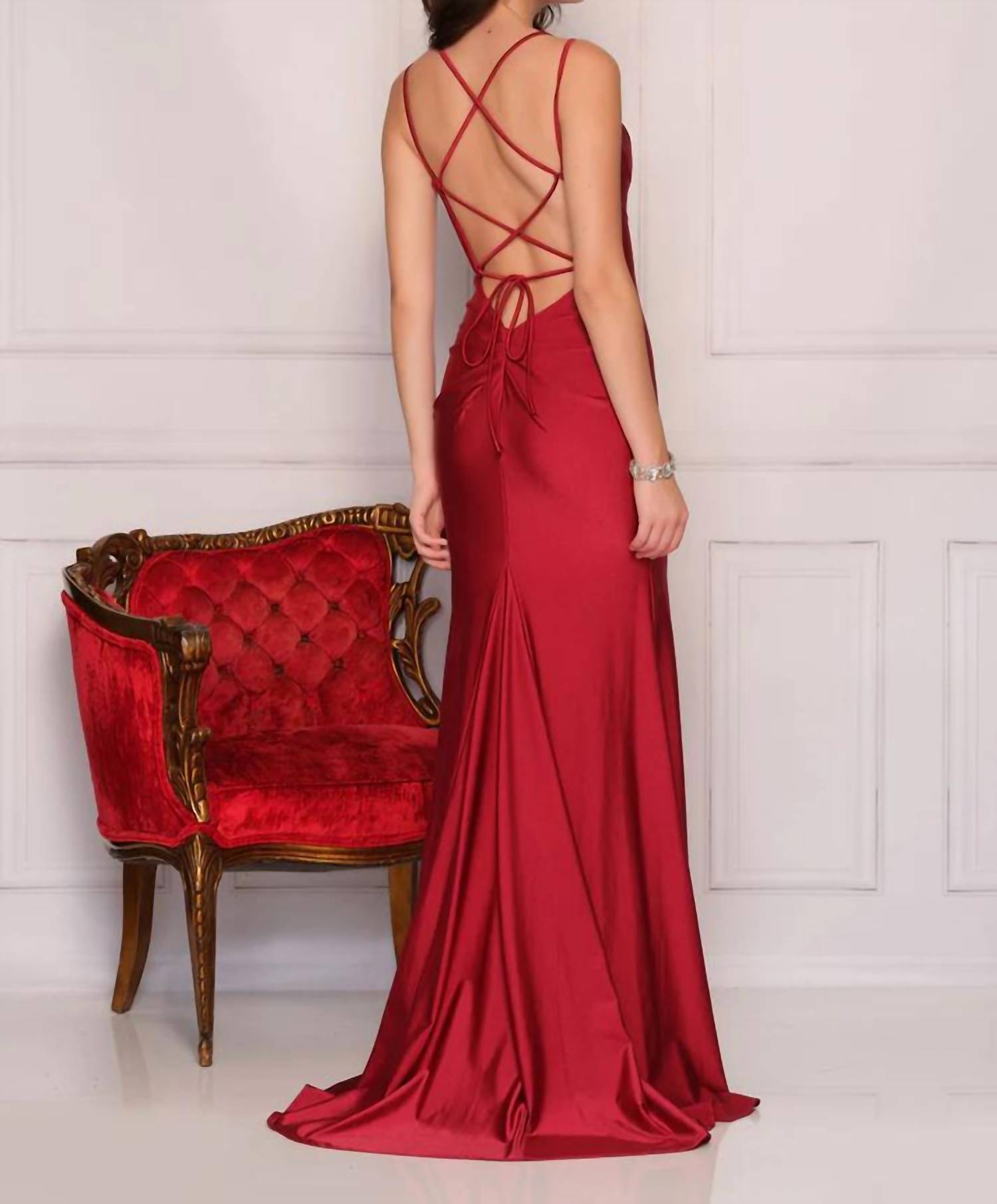 Dave & Johnny - Laced-up Back Long Satin Evening Gown