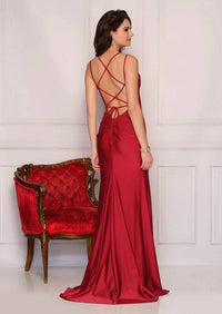 Dave & Johnny - Laced-up Back Long Satin Evening Gown