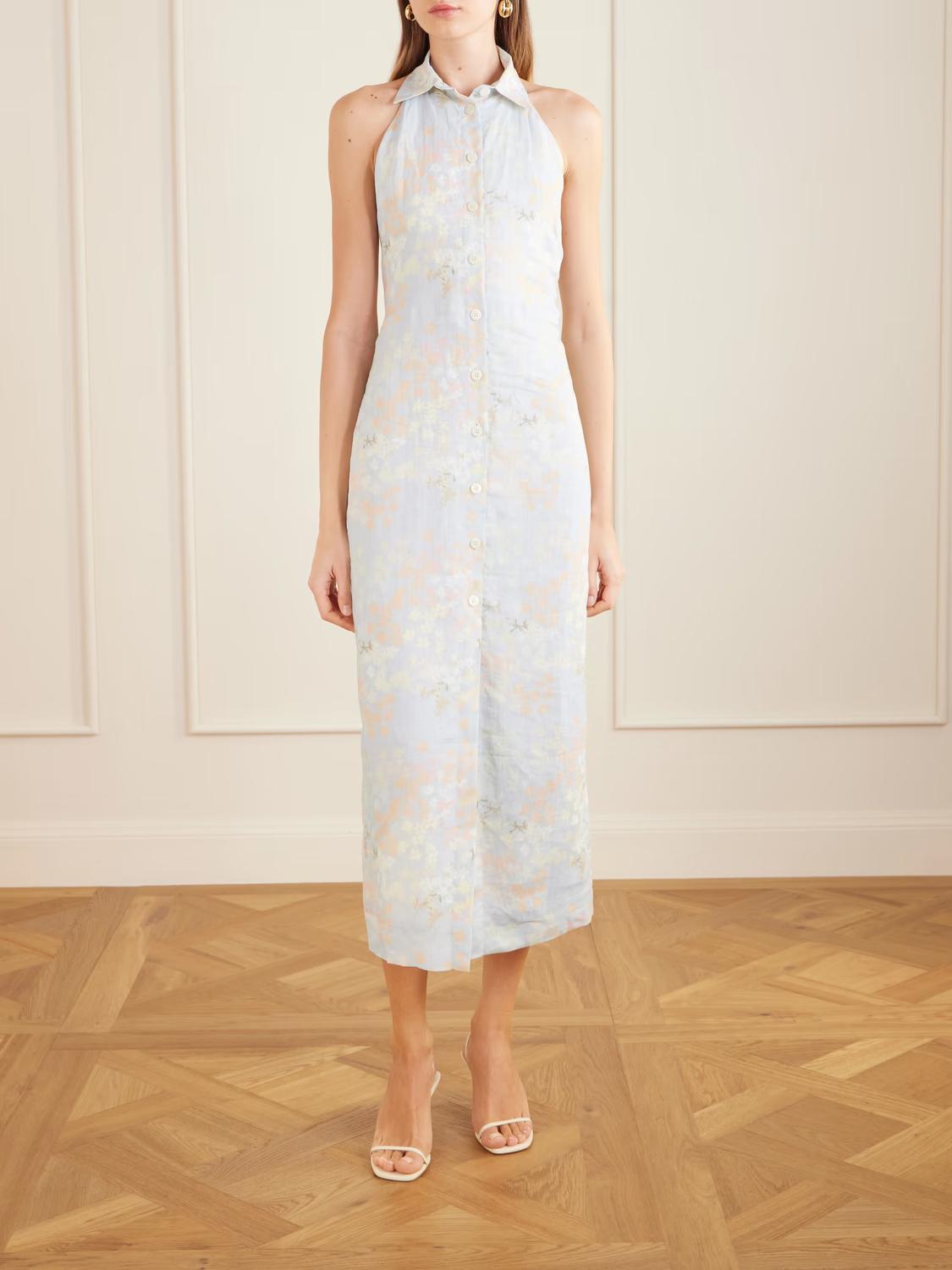 Bernadette - Cici Jasmin Floral-print Linen Halterneck Midi Dress