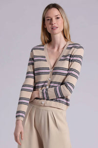Minnie Rose - Cotton Cashmere Striped V Neck Cardigan