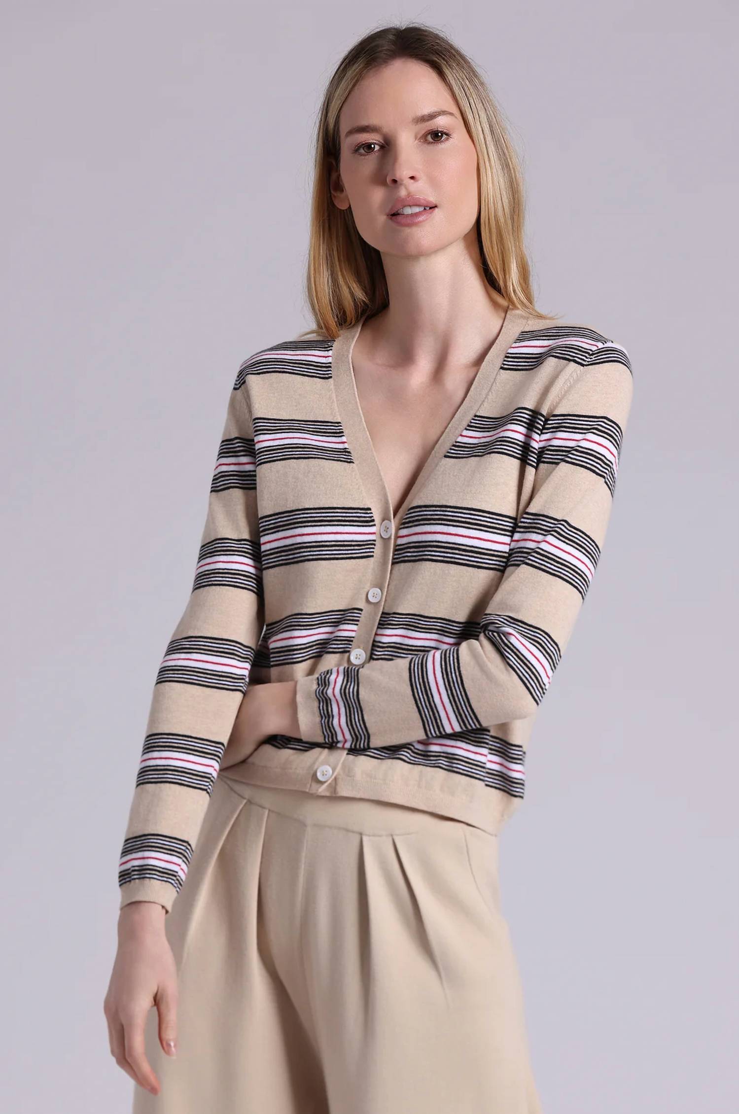 Minnie Rose - Cotton Cashmere Striped V Neck Cardigan