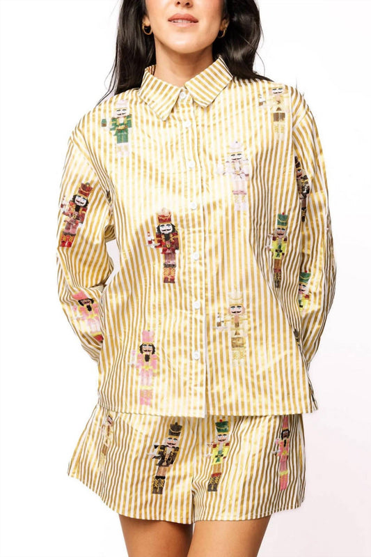 Queen Of Sparkles - Women's Metallic Stripe Cocktail Serving Nutcracker Button Up Top
