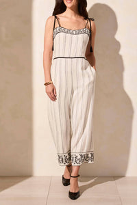 TRIBAL Sleeveless Jumpsuit With Embroidery Detail in natural with black - women's pants