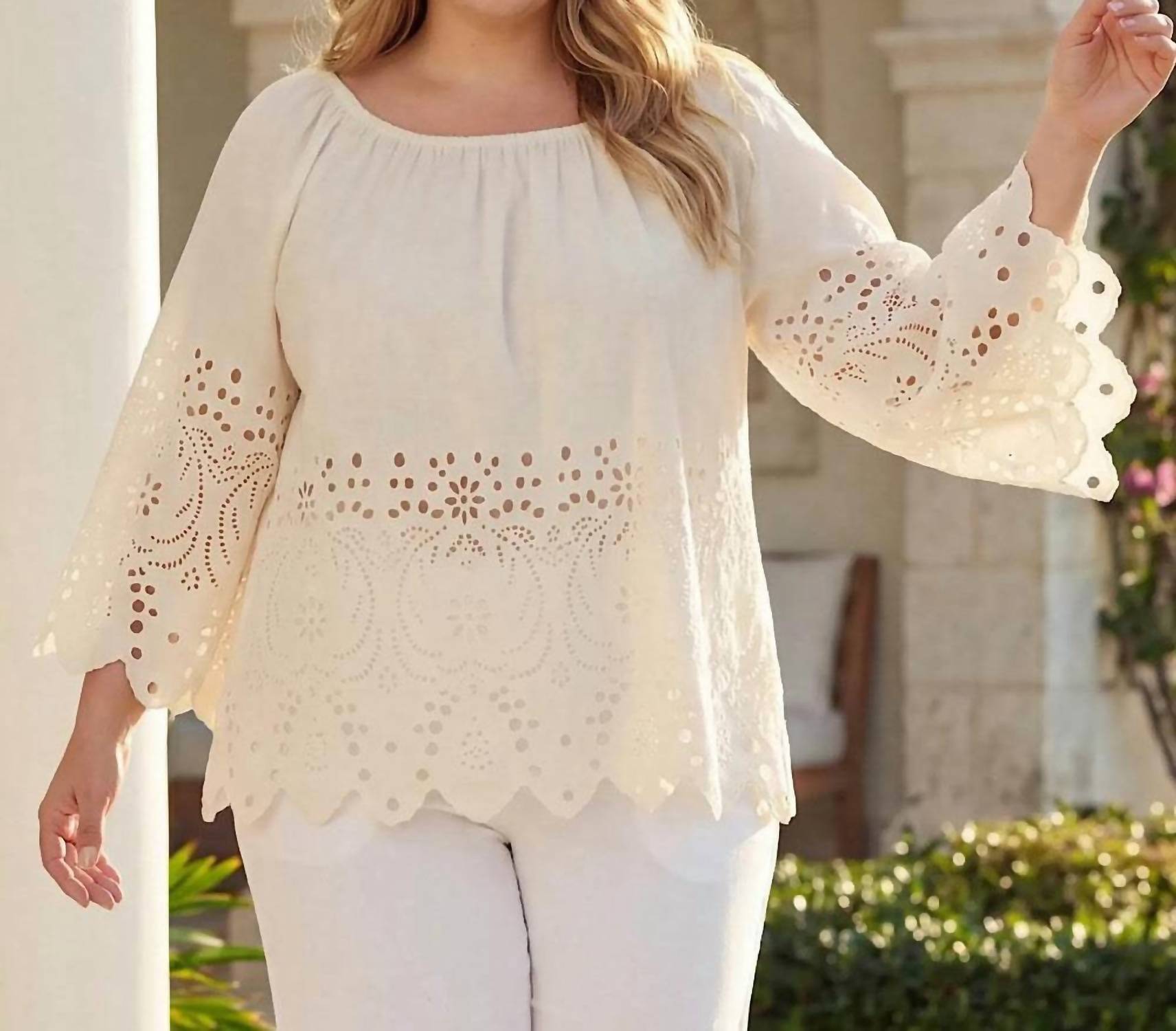 Karen Kane - Cutout Embroidery Flare Sleeve Peasant Top - Plus