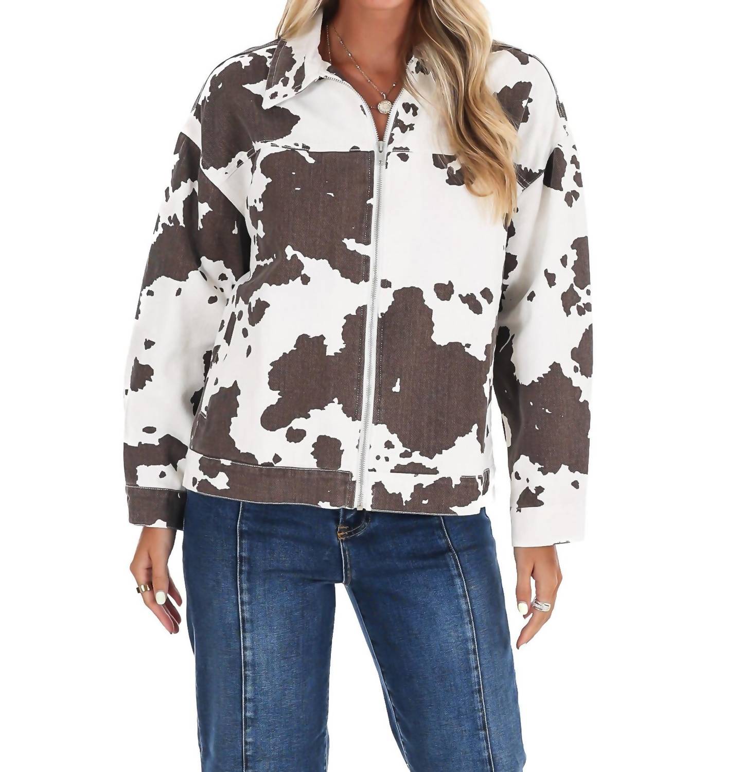 Le Lis - A Cowgirl's Favorite Cow Print Denim Jacket