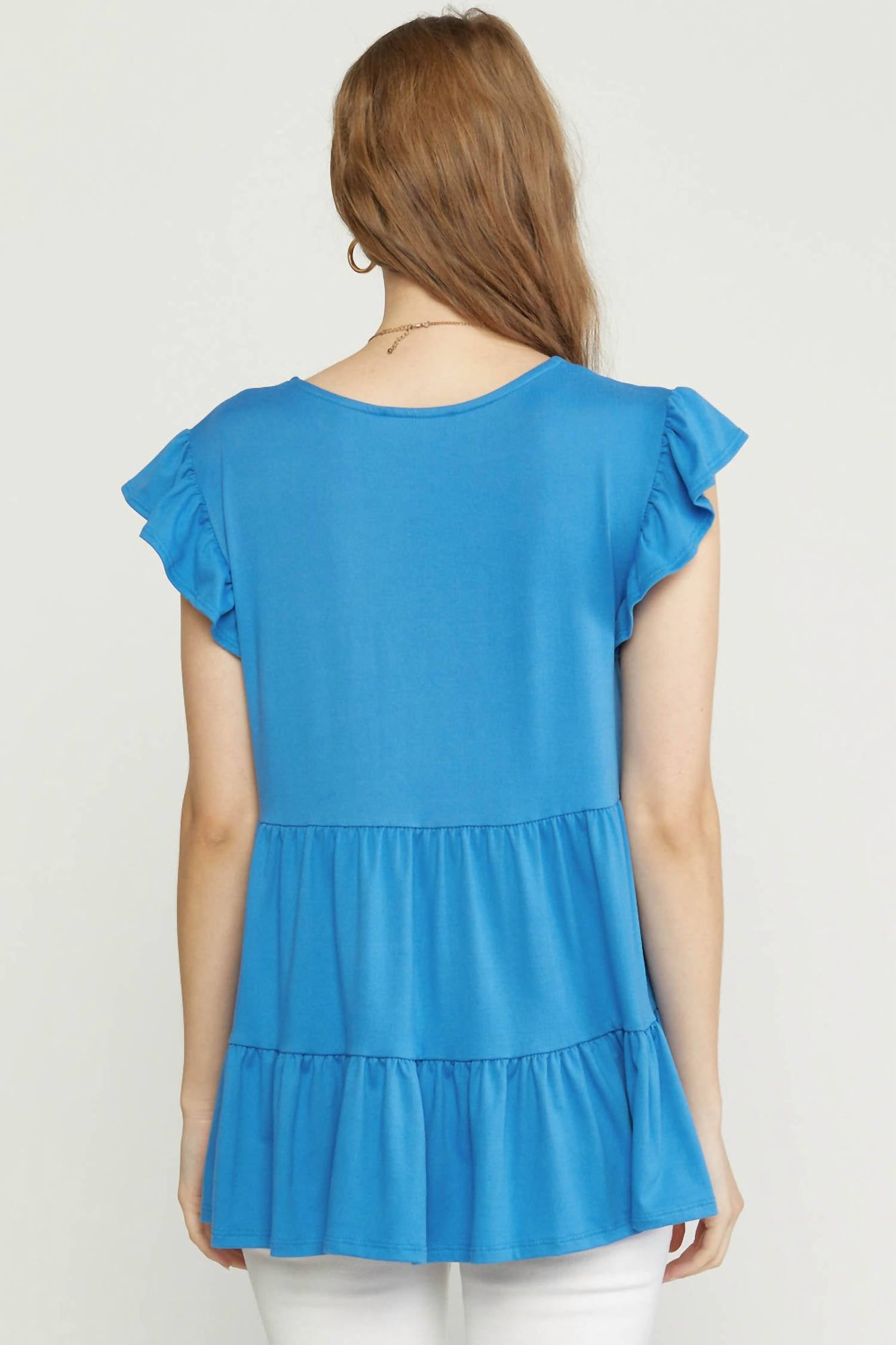 entro Tiered Ruffle Babydoll Top in french blue - women's blouse - detail view