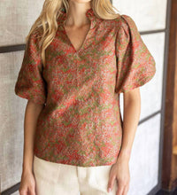 voy Ruffle Collared Jacquard Abstract Print Blouse in rust - women's blouse