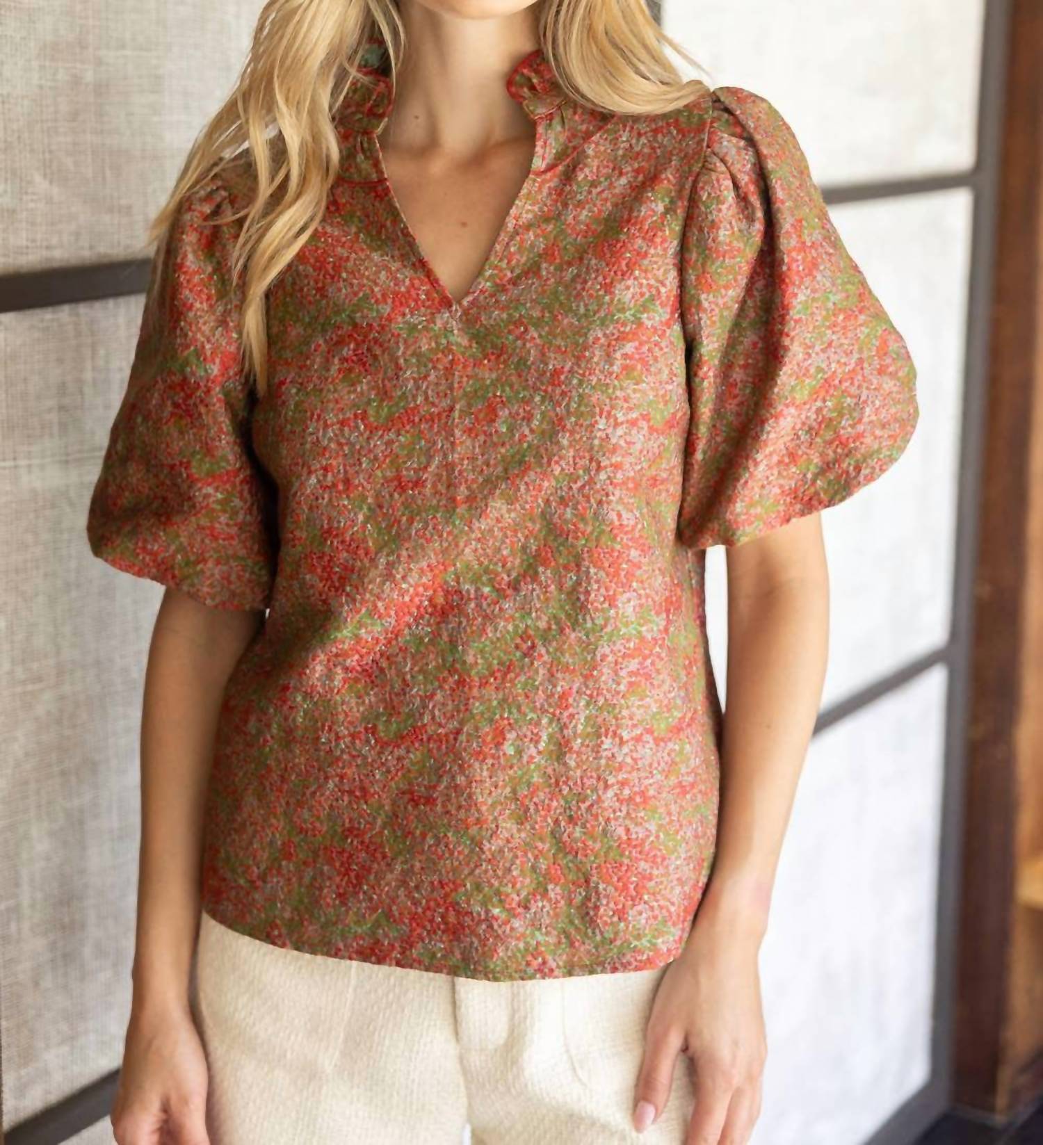voy Ruffle Collared Jacquard Abstract Print Blouse in rust - women's blouse