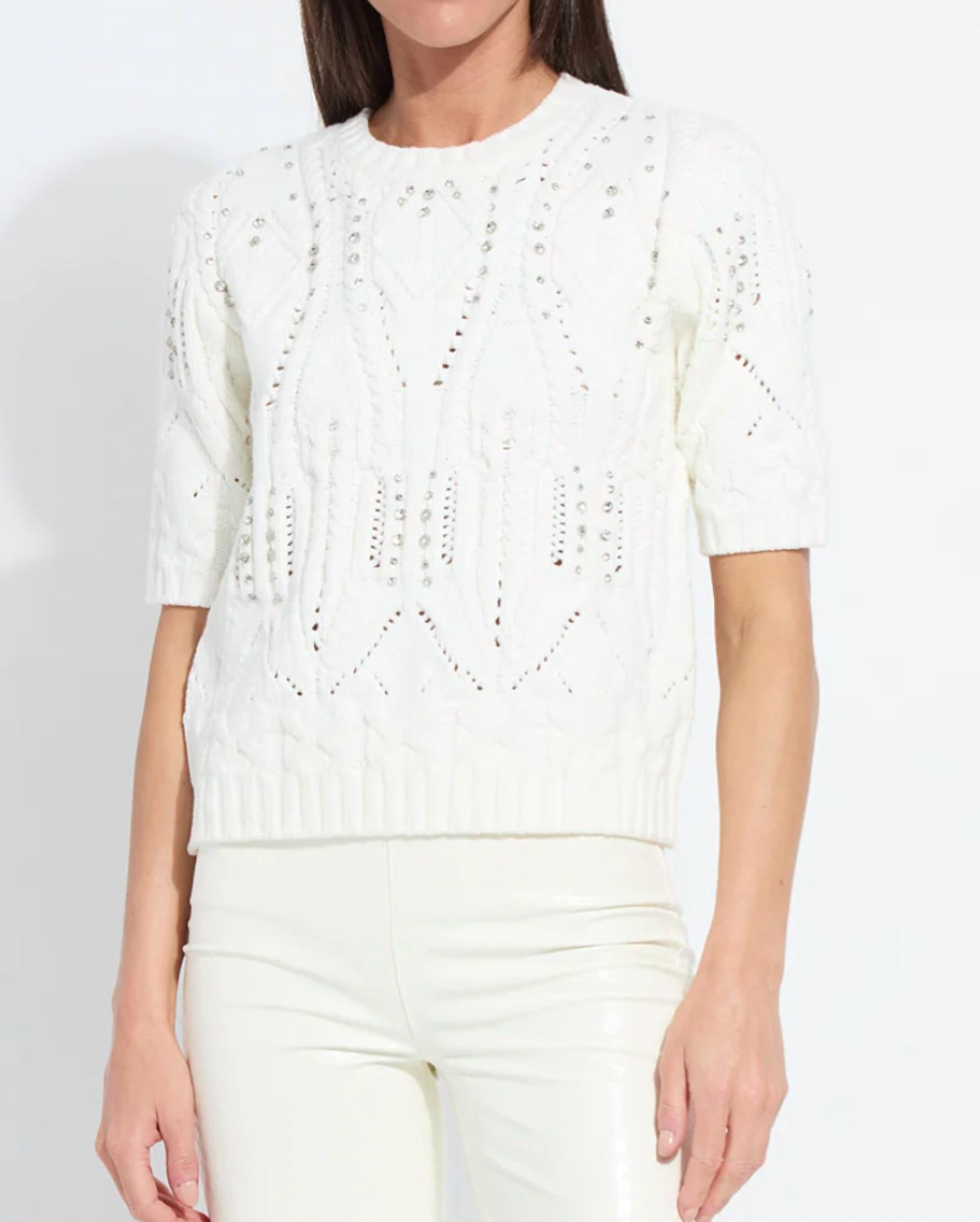 Lysse Hadley Cozy Short Sleeve Embellished Cable Sweater in white - women's sweater