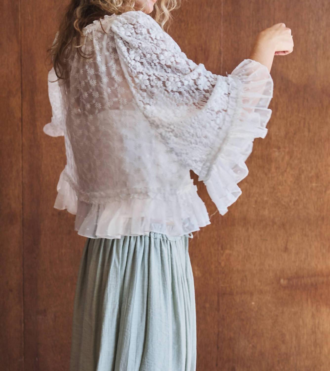 Urban Daizy Ruffle Flutter Sleeve Lace Top in white - women's blouse - detail view