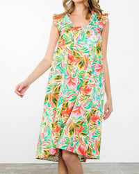 Thml - Ruffle Sleeve Tropical Leaf Print Midi Dress