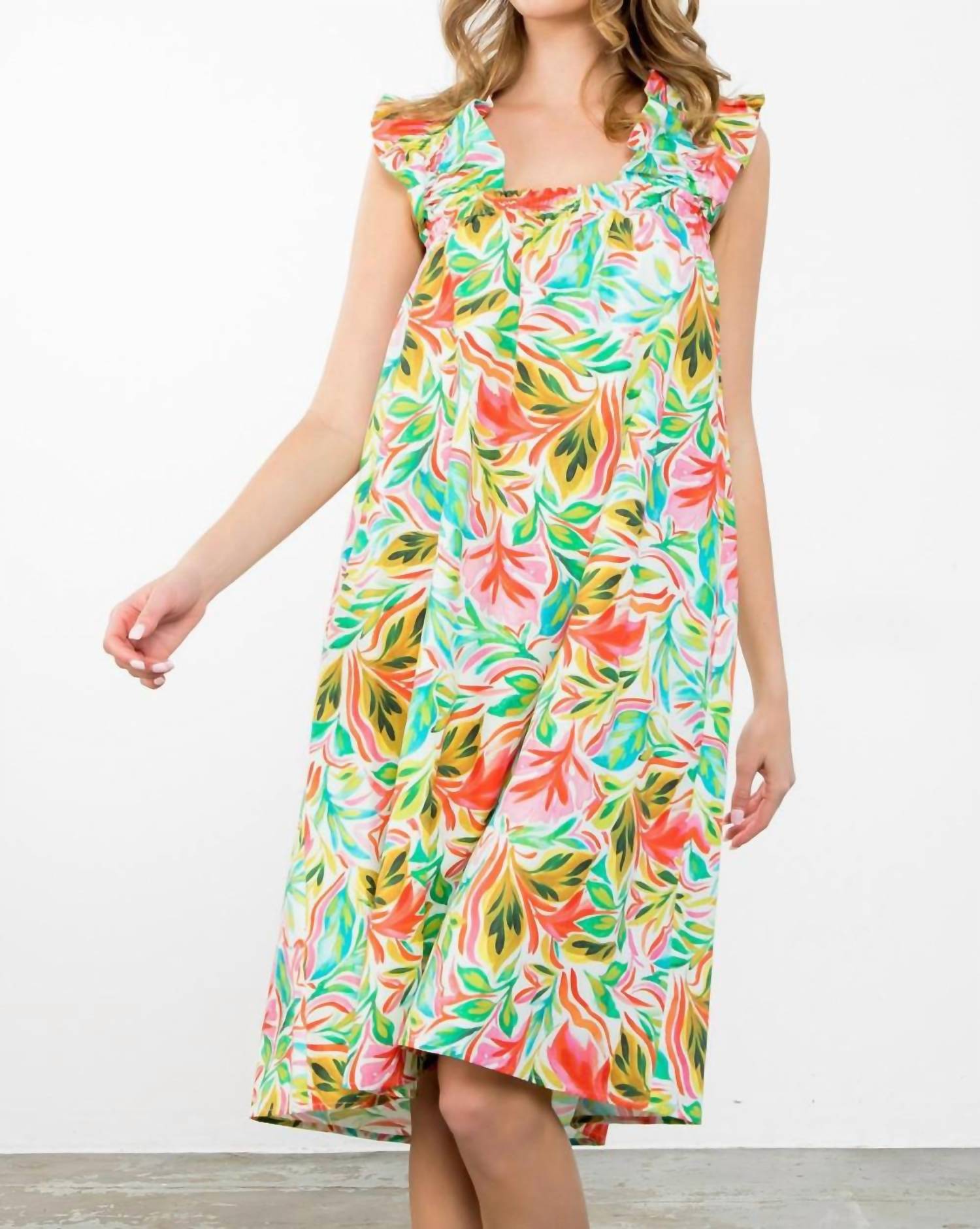 Thml - Ruffle Sleeve Tropical Leaf Print Midi Dress