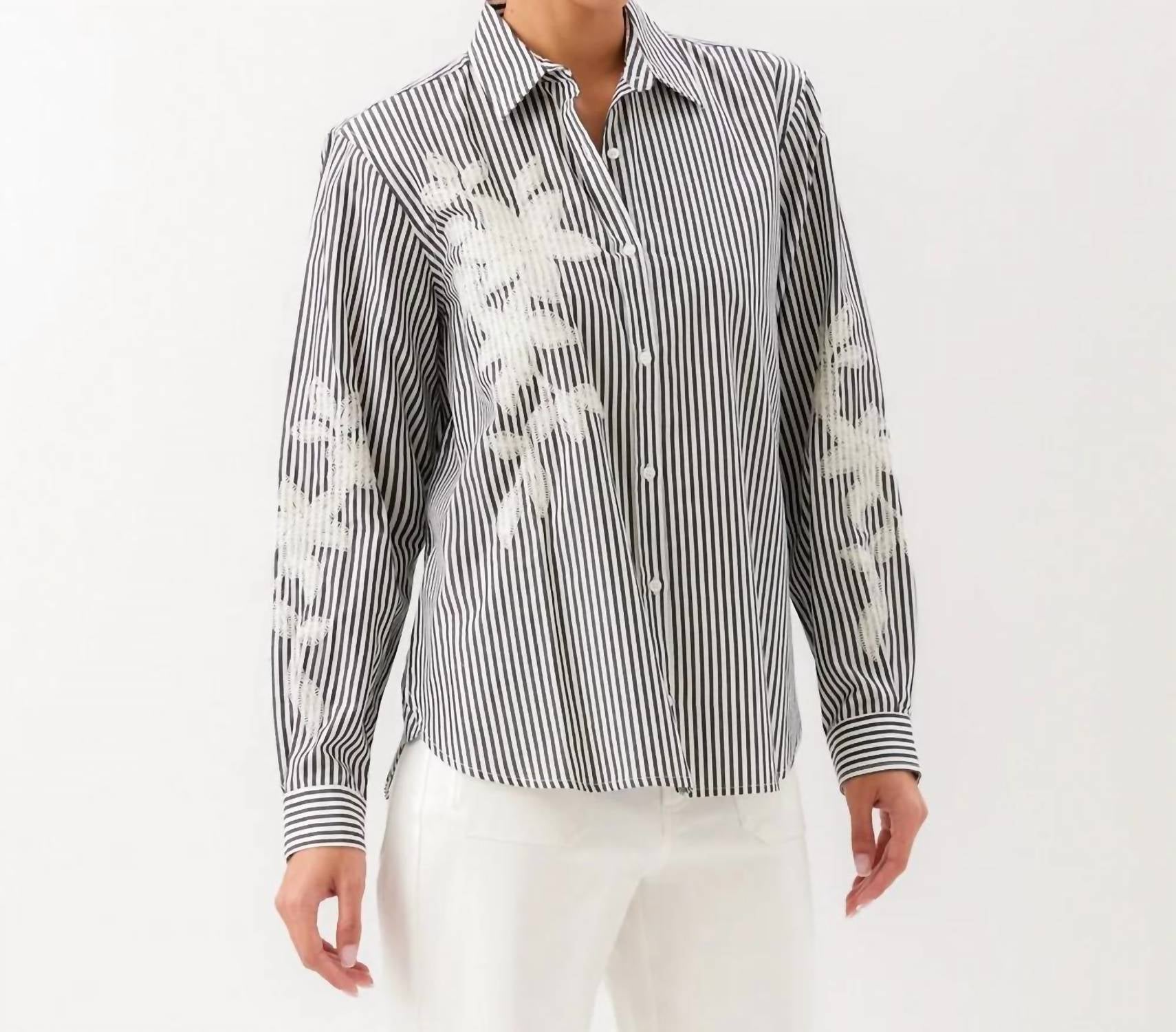 Karen Kane - Long Sleeve Stripe Embroidered Shirt