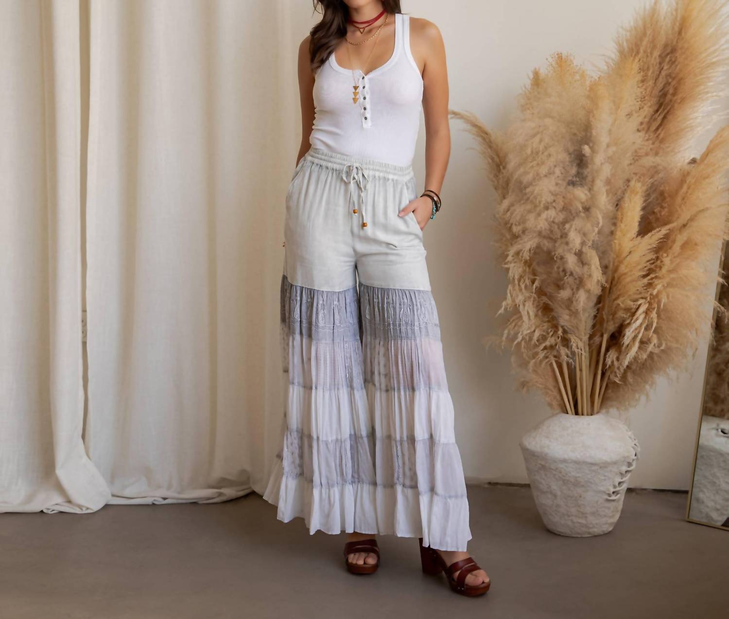 Young Threads - The Desert Wanderer Mixed Texture Tiered Palazzo Pant
