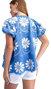 GiGiO Floral Appliqué And Embroidered V-neck Top in blue white - women's blouse - detail view
