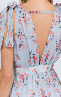 Fanco - Baby Blue Floral Deep V-neck Flowing Maxi Dress