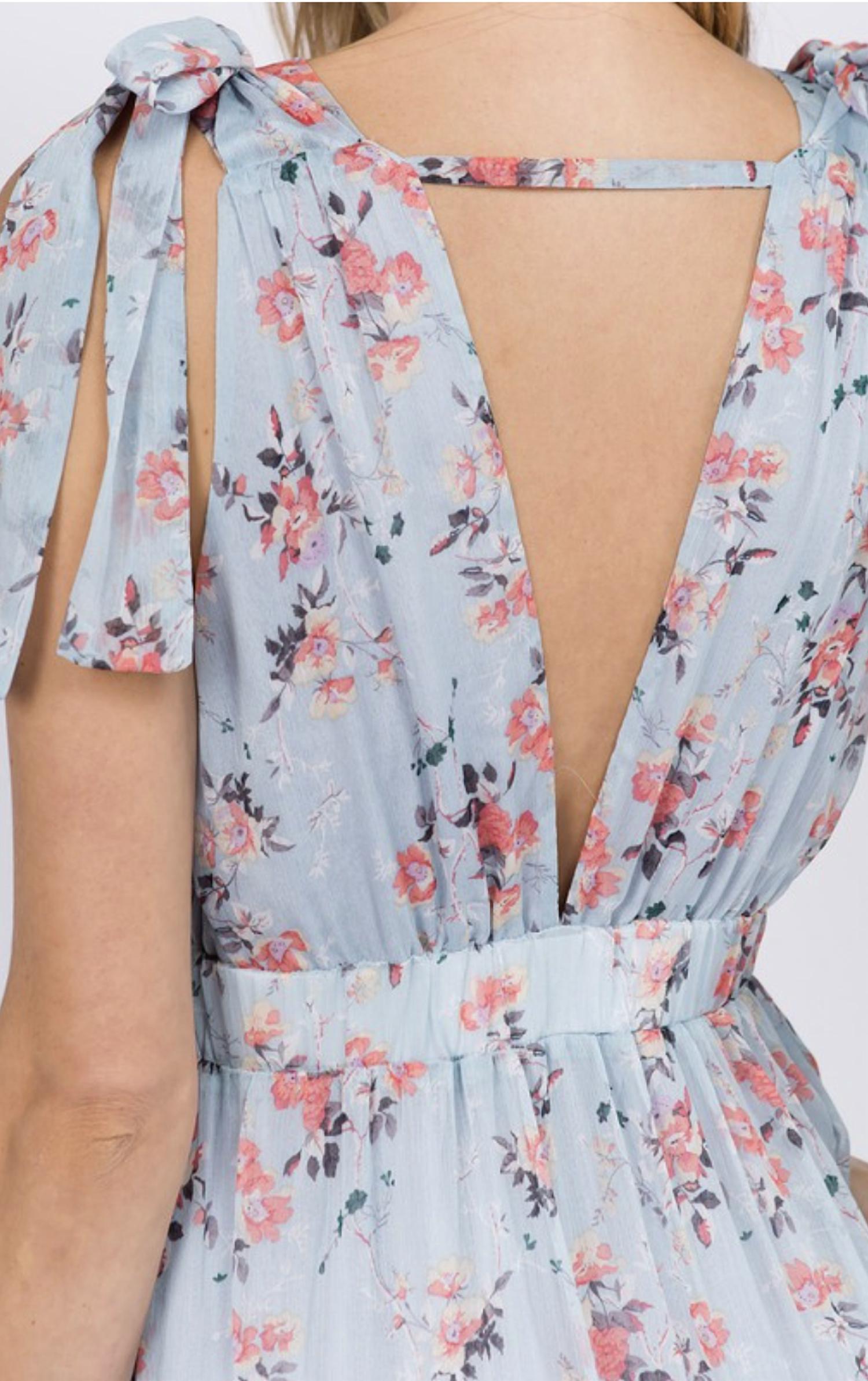 Fanco - Baby Blue Floral Deep V-neck Flowing Maxi Dress