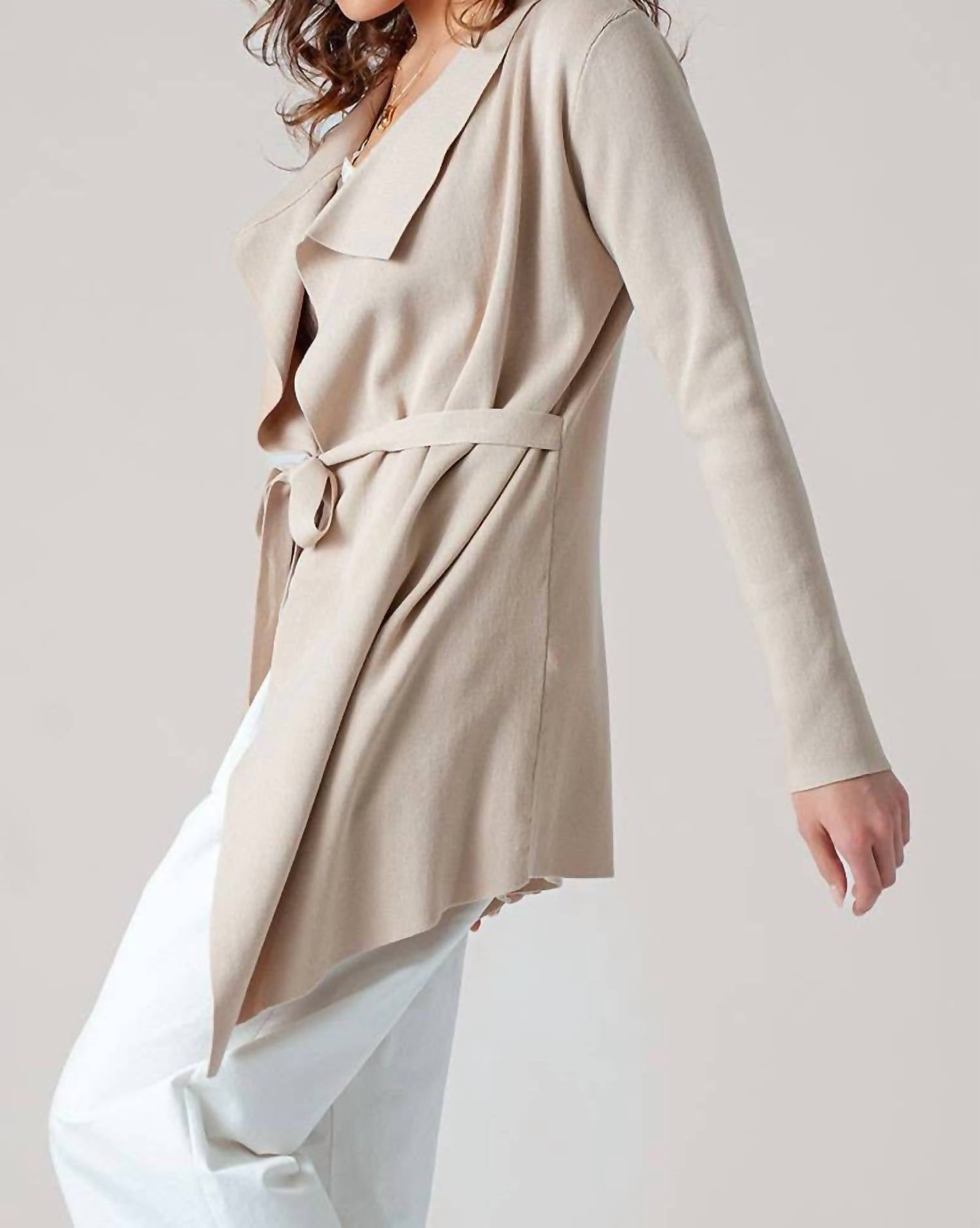 Urban Daizy Draped Front Long Sleeve Waist Tie Cardigan in taupe - women's cardigan - view 5
