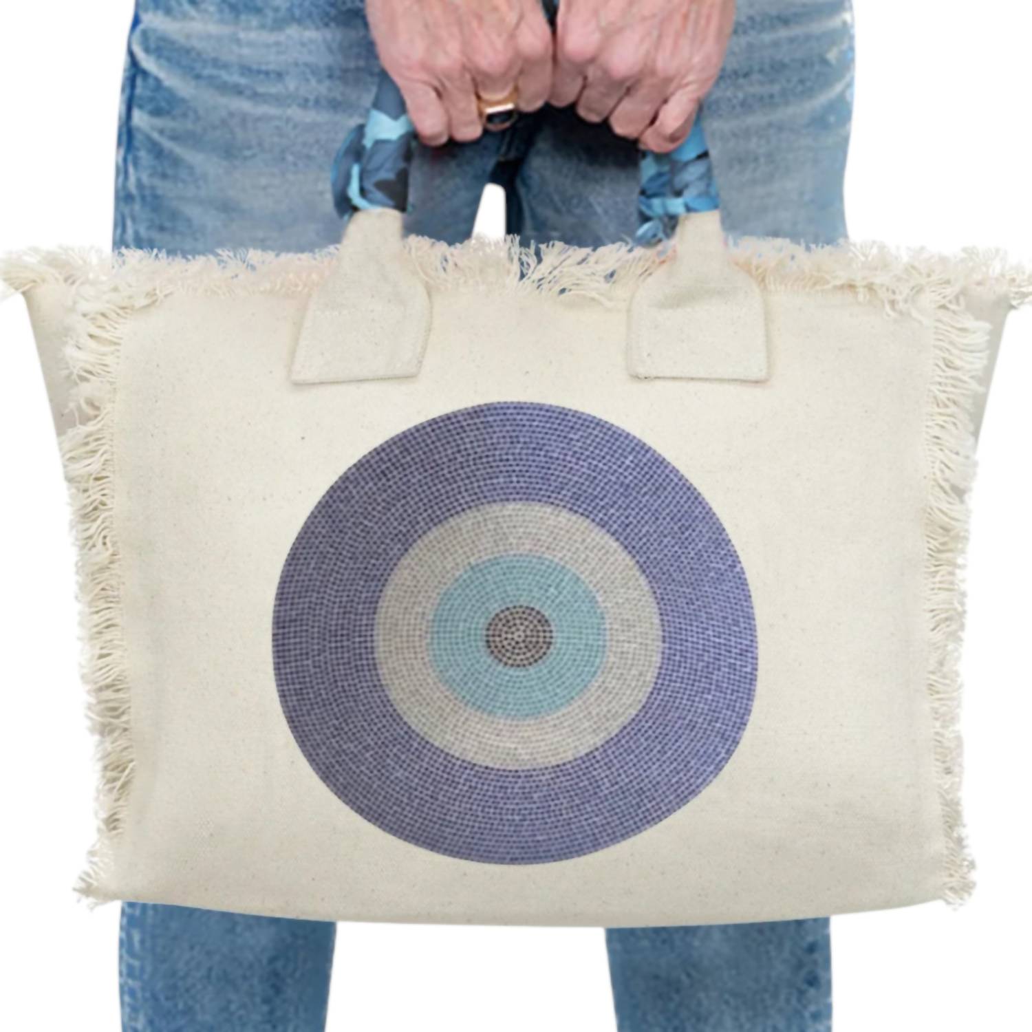 Hipchik - Women's Evil Eye Fringe Canvas Tote Bag