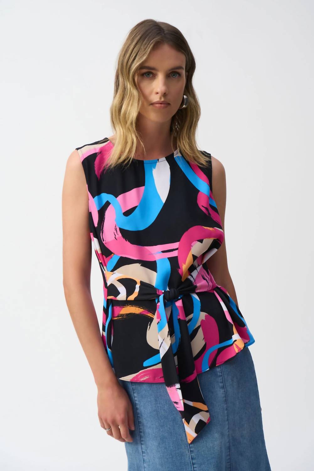 Joseph Ribkoff - Brushstroke Print Waist Sash Sleeveless Top