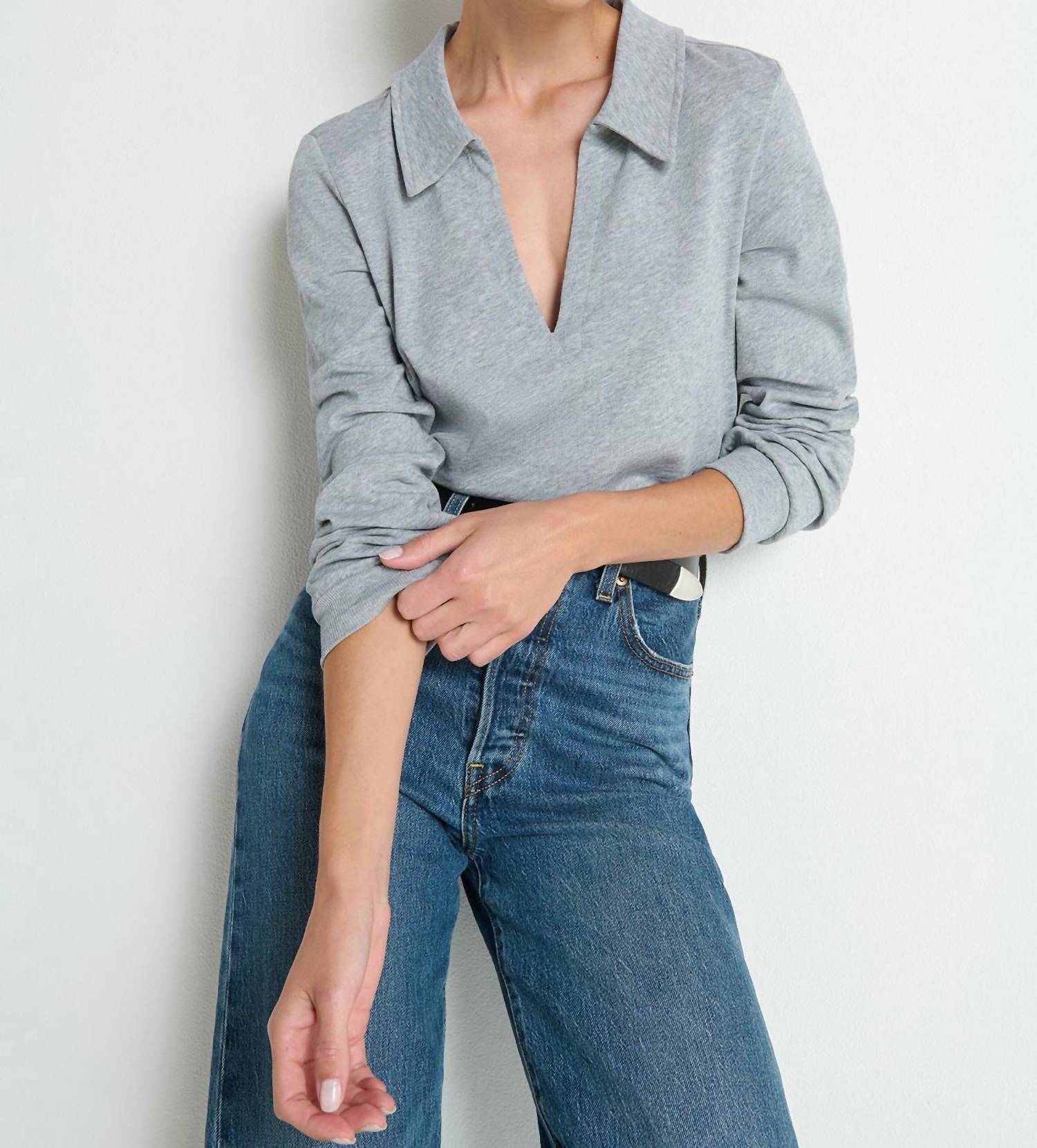 Nation LTD Kimberley Polo Tee Top in heather grey - women's long sleeve top - view 4